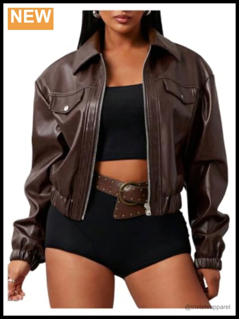 Women's Cropped Faux Leather Motorcycle Jacket Zip Up Long Sleeve Y2K Retro